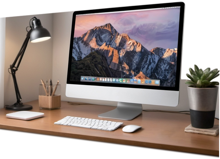 Office desk with large computer screen and keyboard, desk lamp, and a plant pot.